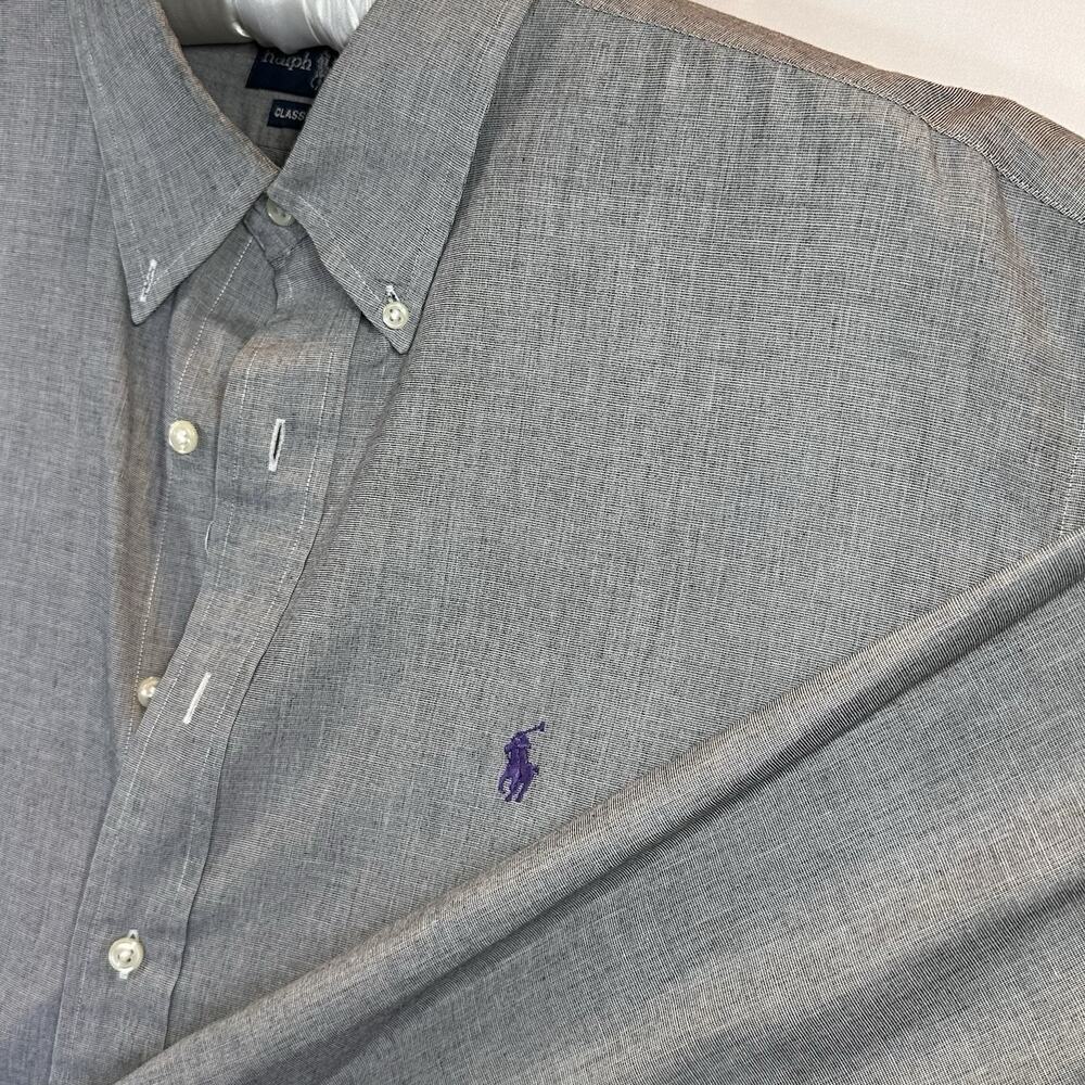 Ralph Lauren Classic Fit Gray Solid Woven Button-Down Embroidered Shirt XXL